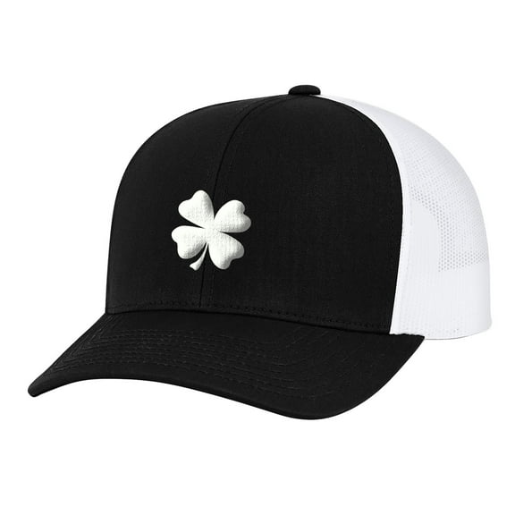 Men's Lucky Clover Shamrock Center Embroidered Golf Mesh Back Trucker Hat, Black/White/White Clover
