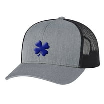 Men's Lucky Clover Shamrock Center Embroidered Golf Mesh Back Trucker Hat, Heather Grey/Black/Royal Clover