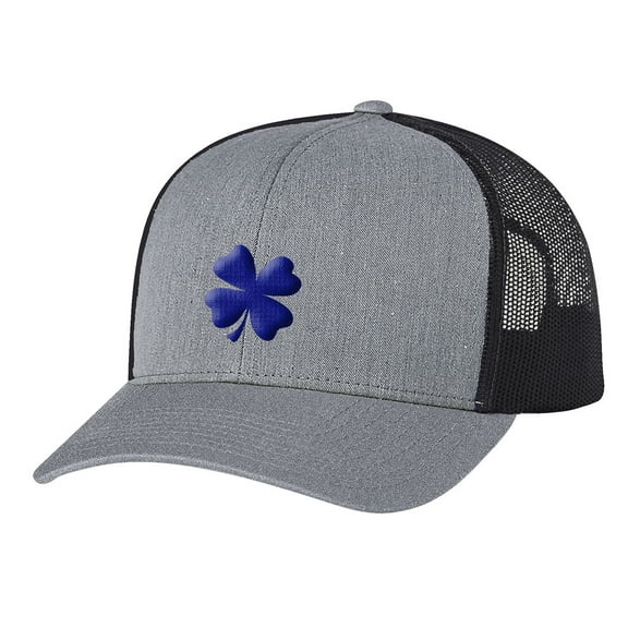 Men's Lucky Clover Shamrock Center Embroidered Golf Mesh Back Trucker Hat, Heather Grey/Black/Royal Clover