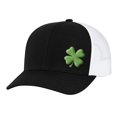 thumbnail image 1 of Men's Lucky Clover Shamrock Off-Center Embroidered Golf Mesh Back Trucker Hat, Black/White/Green Clover, 1 of 4