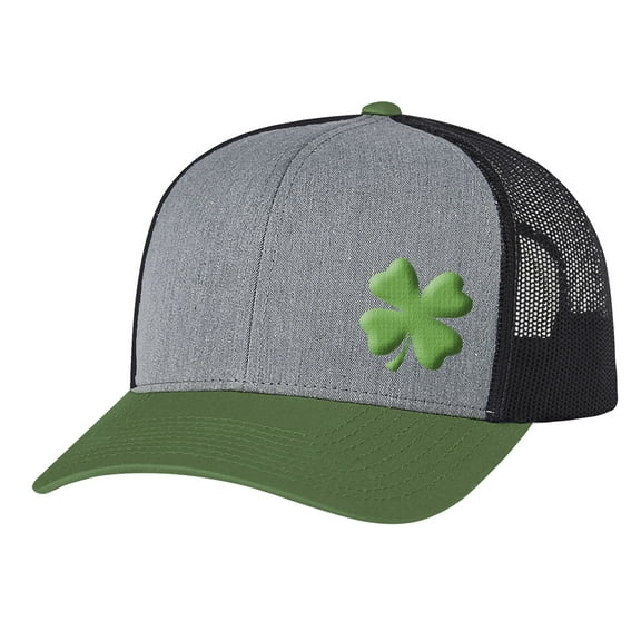 Men's Lucky Clover Shamrock Off-Center Embroidered Golf Mesh Back Trucker Hat, Heather Grey/Green/Charcoal/Green Clover