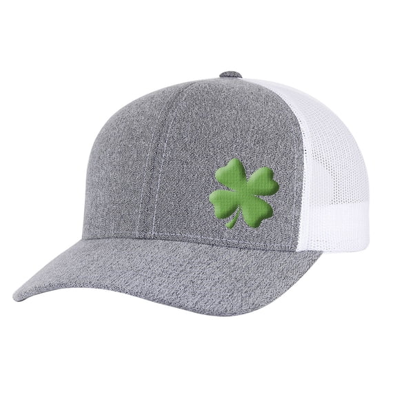 Men's Lucky Clover Shamrock Off-Center Embroidered Golf Mesh Back Trucker Hat, Heather Grey/White/Green Clover