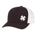 thumbnail image 1 of Men's Lucky Clover Shamrock Off-Center Embroidered Golf Mesh Back Trucker Hat, Maroon/White/White Clover, 1 of 4
