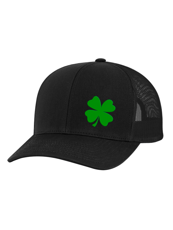 Men's Lucky Shamrock Clover Embroidered Mesh Back Trucker Hat, Black/Black