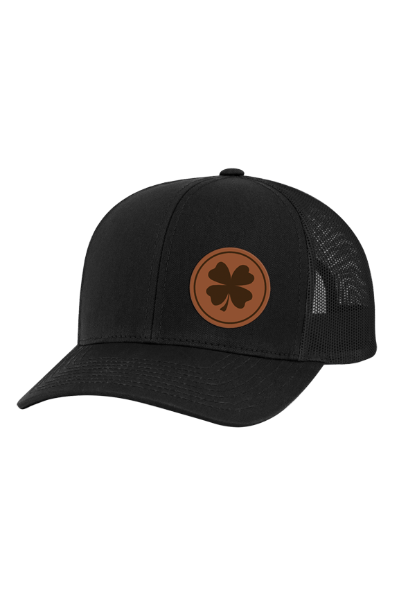 Men's Lucky Shamrock Laser Engraved Leather Patch Mesh Back Trucker Hat, Black/Black