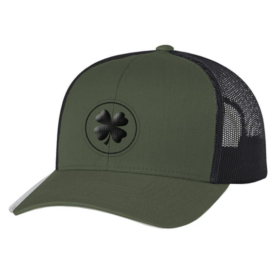 Men's Lucky Shamrock circle clover Center Embroidered Golf Mesh Back Trucker Hat, Loden/Black/Black Shamrock