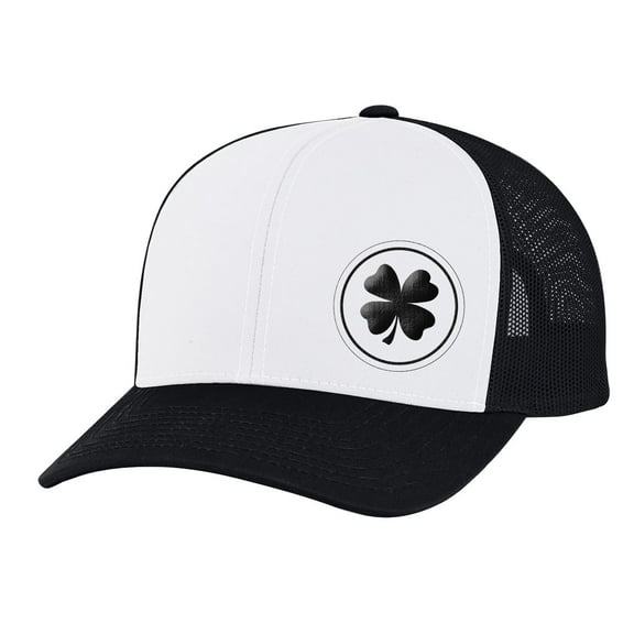 Men's Lucky Shamrock circle clover Off-Center Embroidered Golf Mesh Back Trucker Hat, White/Black/Black/Black Shamrock