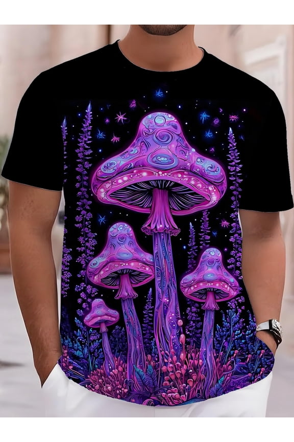 Men's Luminous Mushroom Print T-Shirt- Neon Glow Short Sleeve T-Shirt, Psychedelic Purple, Pink, Green, Blue Mushroom Pattern, Round Neck Casual Party Wear,