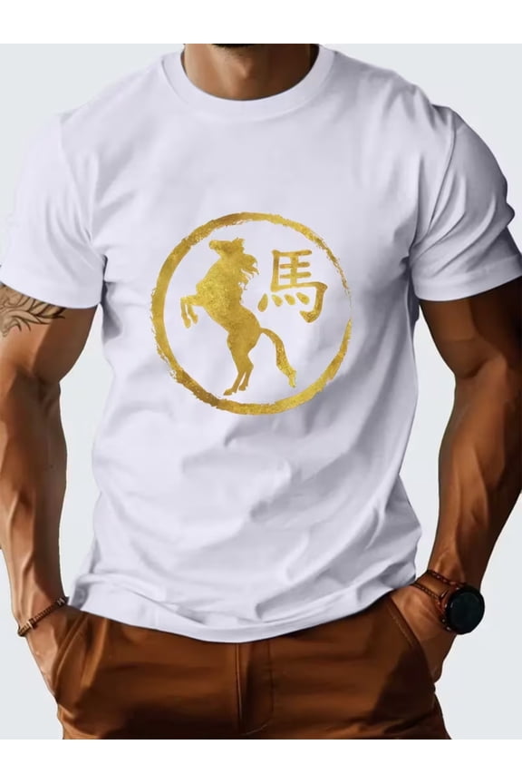 Men's Lunar New Year Horse & Chinese Seal Print T-Shirt - Breathable Short Sleeve H-Style Top Suitable for Lunar New Year Festivities, Korean Style Casual Wear & Chinese Apparel
