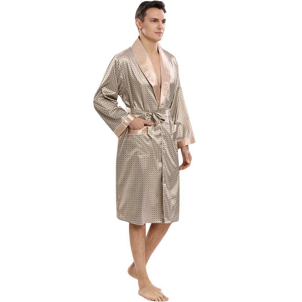 Men's Luxurious Kimono Robe Summer Long Sleeve Knee Length Silk Satin