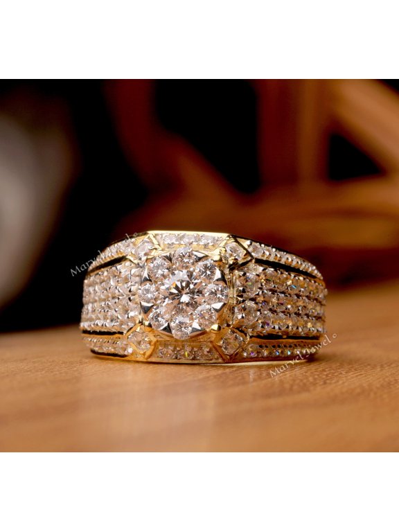 Men's Luxurious Wide Band Shank Diamond Engagement Ring, Cluster Diamond Ring, Illusion Set Diamond Ring, Pave Set Solitaire With Accents Ring, 2.6 Ct Simulated Diamond, 14K Yellow Gold Plated