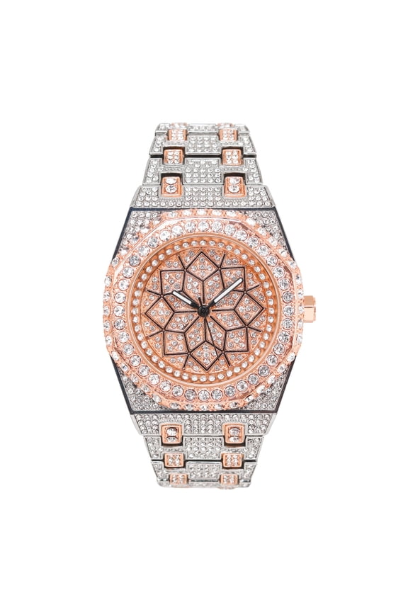 Men's Luxury 43mm Fully Iced Out Octagon Watch - Dazzling Simulated Diamonds, Quartz Movement - Rose Dial