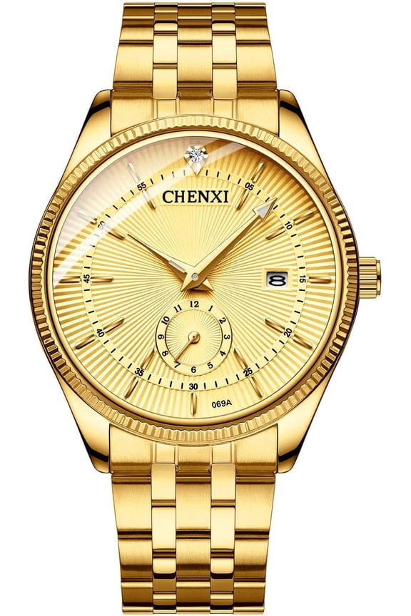 Men's Luxury Analog Quartz Gold Wrist Watches Business Stainless Steel Band Dress Wrist Watch Classic Calendar Date Window 3ATM Water Resistant