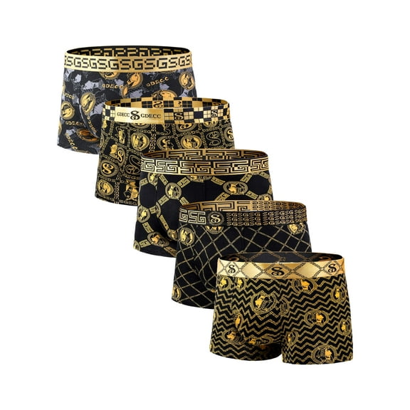 Men's Luxury Black Gold Underwear Boxer Briefs, Cotton Trunks Calzoncillos Underpants, Moisture Wicking Fashion 5-Pack