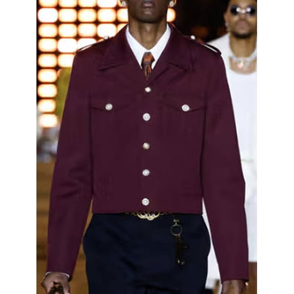 Men's Luxury Burgundy Wool-Blend Cropped Jacket Military Epaulet Tailored Formal Coat