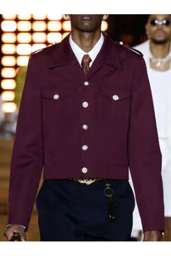 Men's Luxury Burgundy Wool-Blend Cropped Jacket Military Epaulet Tailored Formal Coat