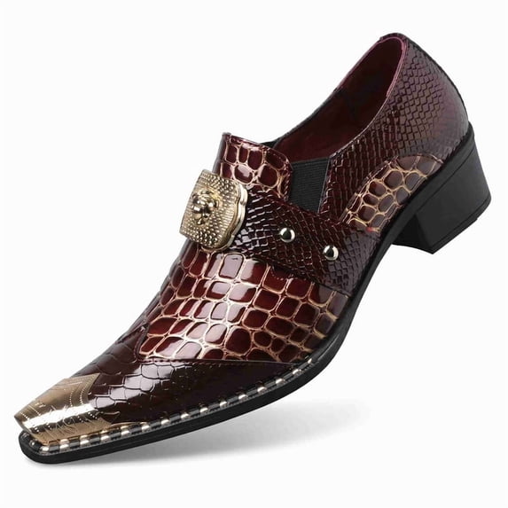 Men's Luxury Crocodile-Embossed Dress Shoes with Gold-Tone Medusa Buckle - Pointed Toe Formal Loafers for Buckle Block Heel Loafers for Formal & Party