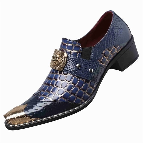 Men's Luxury Crocodile-Embossed Dress Shoes with Gold-Tone Medusa Buckle - Pointed Toe Formal Loafers for Buckle Block Heel Loafers for Formal & Party