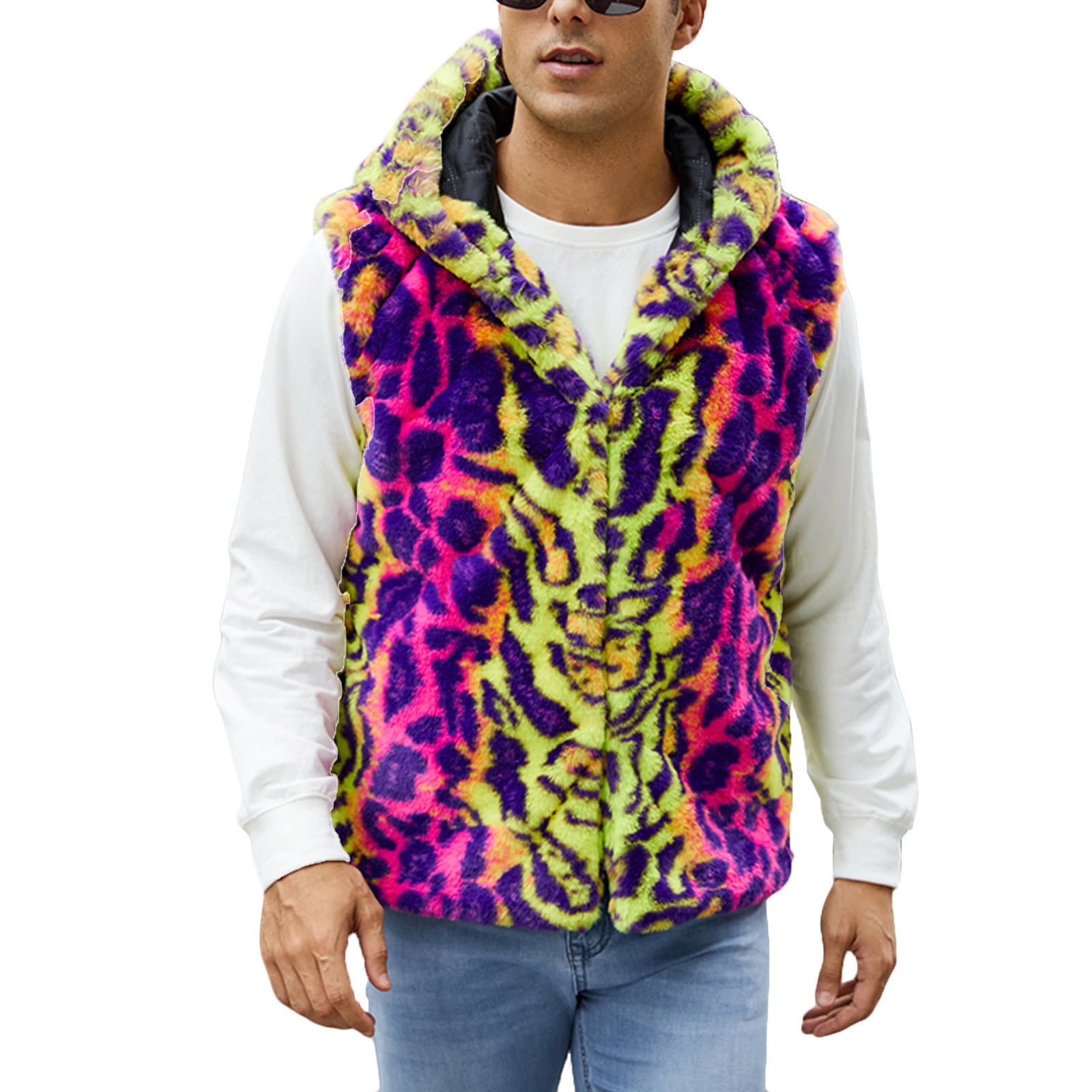Men's Luxury Faux Fur Hoodie Vest - Colorful Leopard Open Front