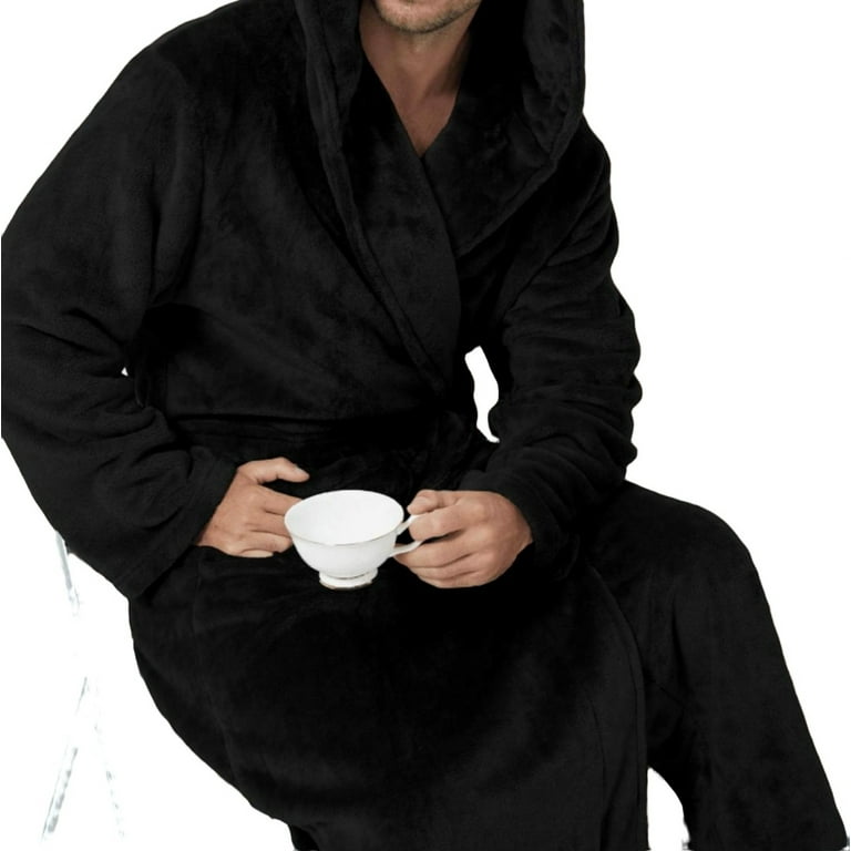 Men's Luxury Flannel Robe with Double Layer Hat, Long Sleeve Shawl