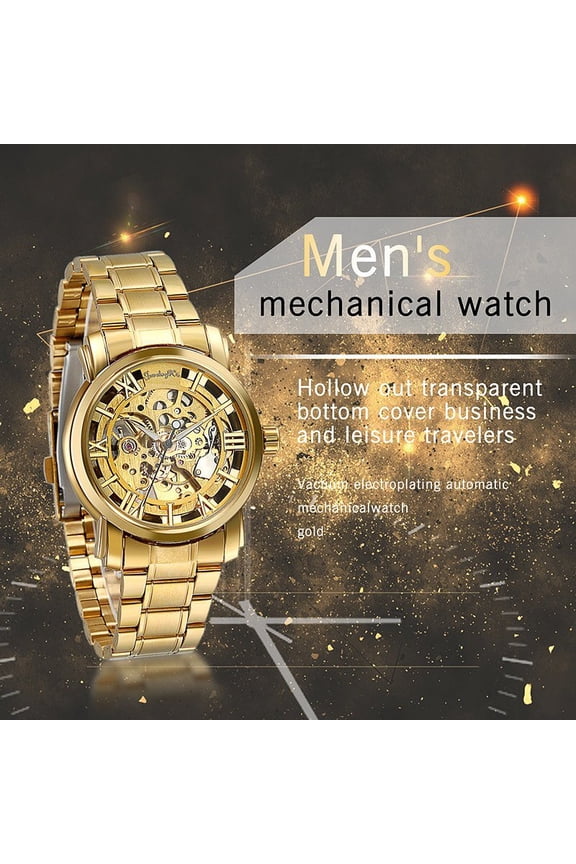 Men's Luxury Gold Tone Stainless Steel Skeleton Automatic Mechanical Wrist Watch