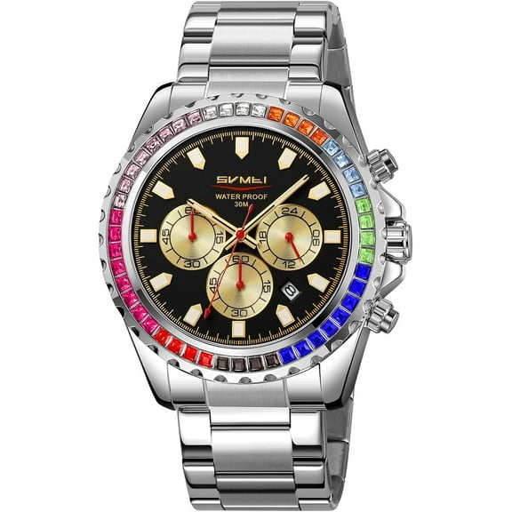 Men's Luxury Gold Watch Colored Diamonds Stainless Steel Waterproof Date Quartz Movement Bold Sports Fashion Accessory for Men