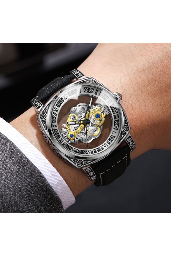 Men's Luxury Hollow Skeleton Watch Retro Gorgeous Gear Carving Design  Leather Belt & Stainless Steel Band Quartz Wristwatch Not Mechanical Watches