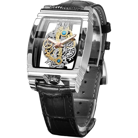 Men's Luxury Hollow Skeleton Watch Retro Gorgeous Gear Carving Design Rectangle Tonneau Large Dial Leather Belt & Stainless Steel Band Quartz Wristwatch Not Mechanical Watches