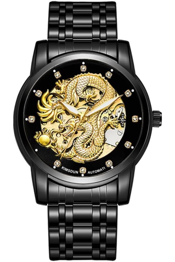 Men's Luxury Mechanical Skeleton Automatic Self-Winding Stainless Steel Lumious Watch Dragon Carved Dial Business Watches Wristwatch