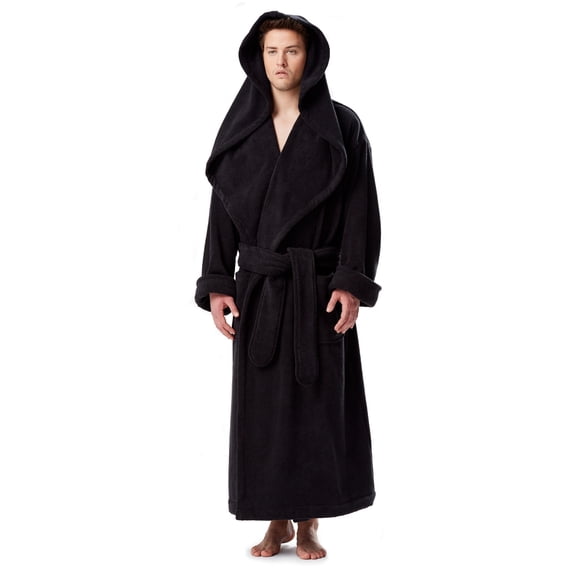 Men's Luxury Medieval Monk Robe Style Full Length Hooded Turkish Terry Cloth Bathrobe, Black, Large