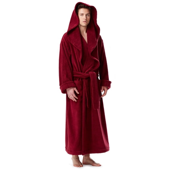 Men's Luxury Medieval Monk Robe Style Full Length Hooded Turkish Terry Cloth Bathrobe, Burgundy, Medium