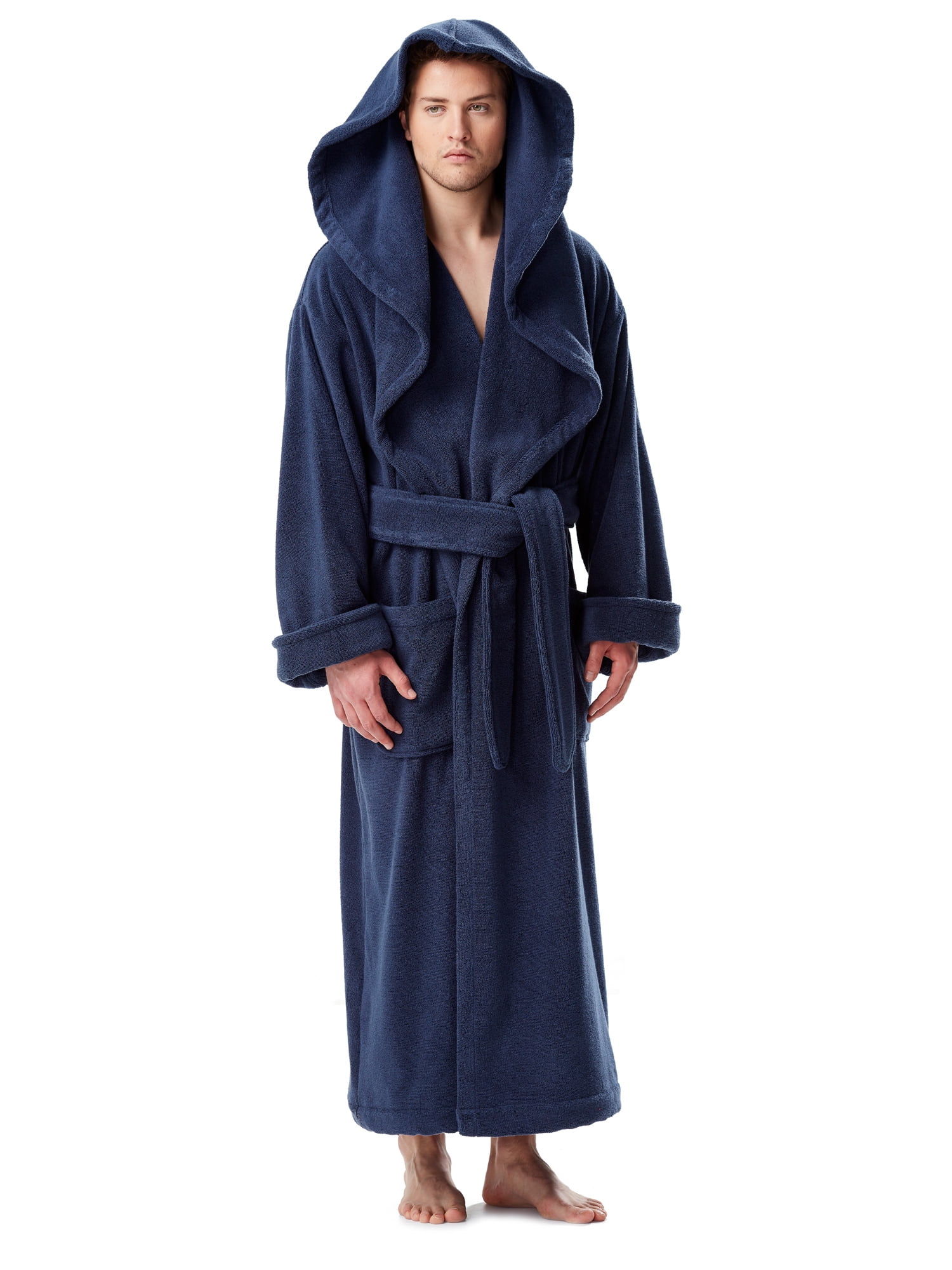 Men's Luxury Medieval Monk Robe Style Full Length Hooded Turkish Terry Cloth Bathrobe, Navy Blue, XLarge