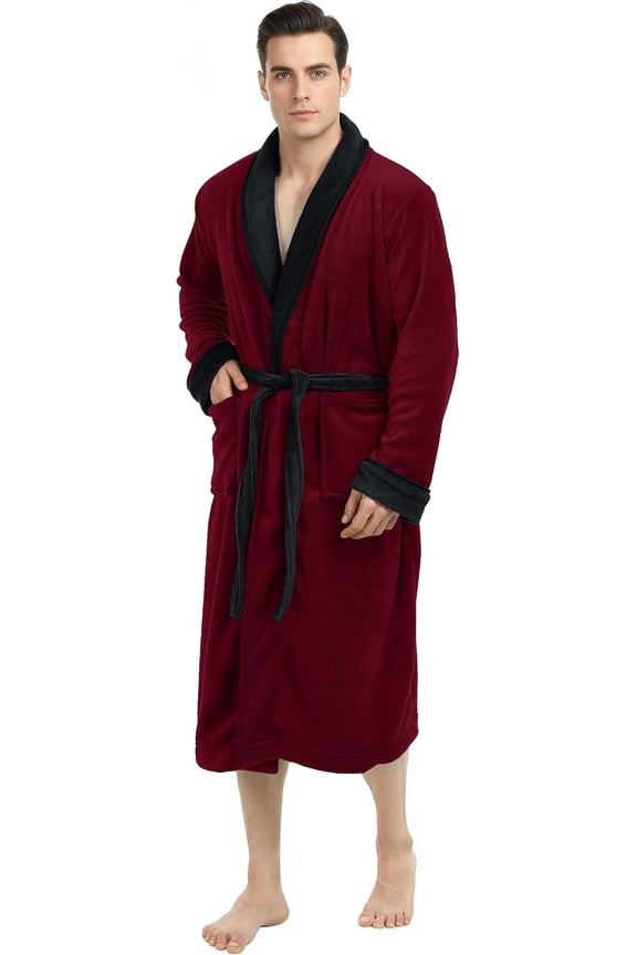 Men's Luxury Plush Fleece Bathrobe Spa Robe Large-X-Large Burgundy and Black