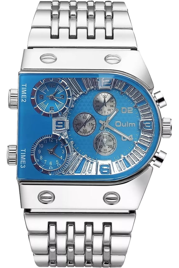 Men’s Luxury Rectangle Square Gold Silver Big Face Luminous Waterproof Quartz Watch Sports Multi-Time Zone Military Stainless Steel Male Dress Wristwatch