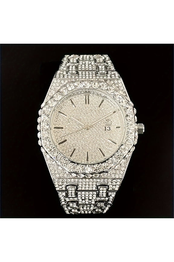 Men's Luxury Rhinestone Quartz Watch Shiny Hiphop Fashion Analog Date Dial Stainless Steel Wrist Watch