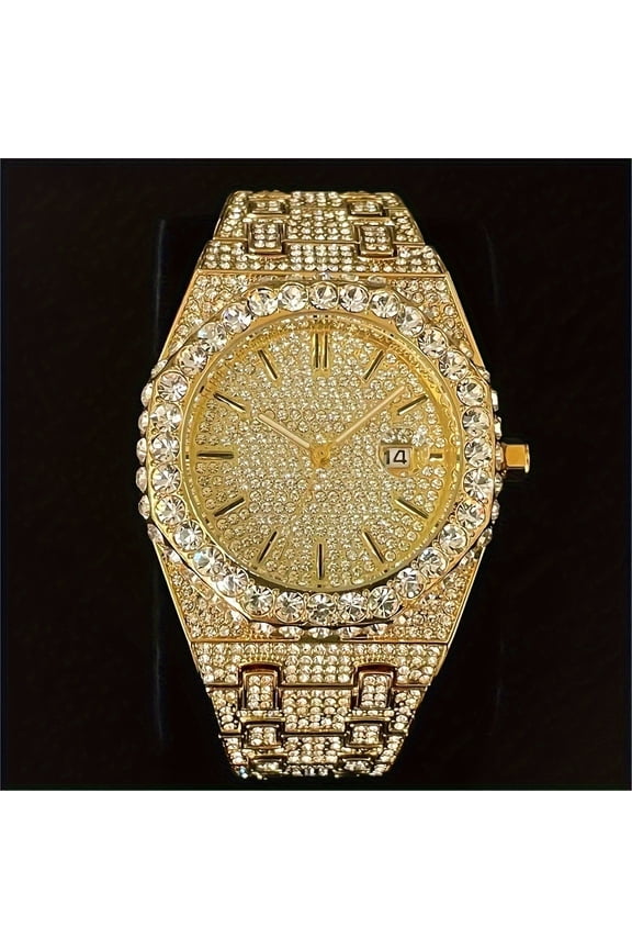 Men's Luxury Rhinestone Quartz Watch Shiny Hiphop Fashion Analog Date Dial Stainless Steel Wrist Watch