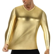 Mens Luxury Shiny Metallic Gold T Shirts Long Sleeve V Neck Performance Shirts Fashion Disco Nightclub Tees