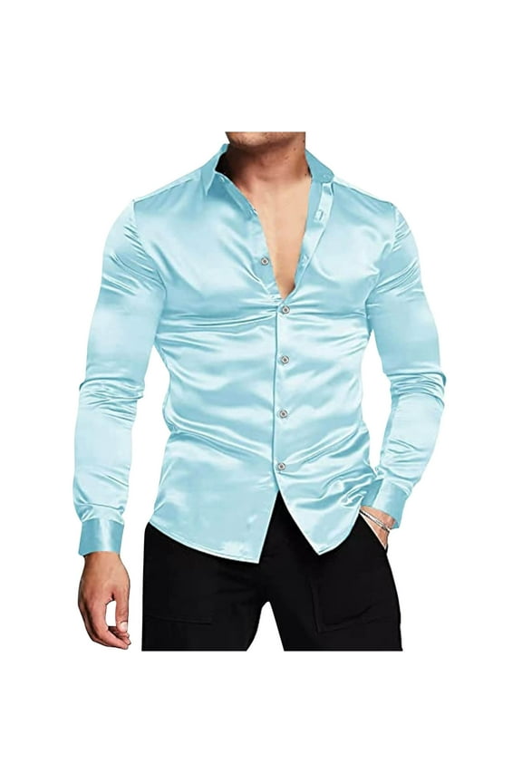 Men's Luxury Shiny Silk Like Satin Button Up Dress Shirts Men's Stretch Wrinkle Free Dress Shirts Formal Wedding Prom Long Sleeve Slim Fit Button Down Shirt Rave Disco Club Tops