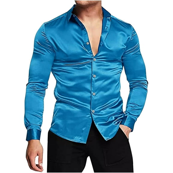 Men's Luxury Shiny Silk Like Satin Button Up Dress Shirts Men's Stretch Wrinkle Free Dress Shirts Formal Wedding Prom Long Sleeve Slim Fit Button Down Shirt Rave Disco Club Tops