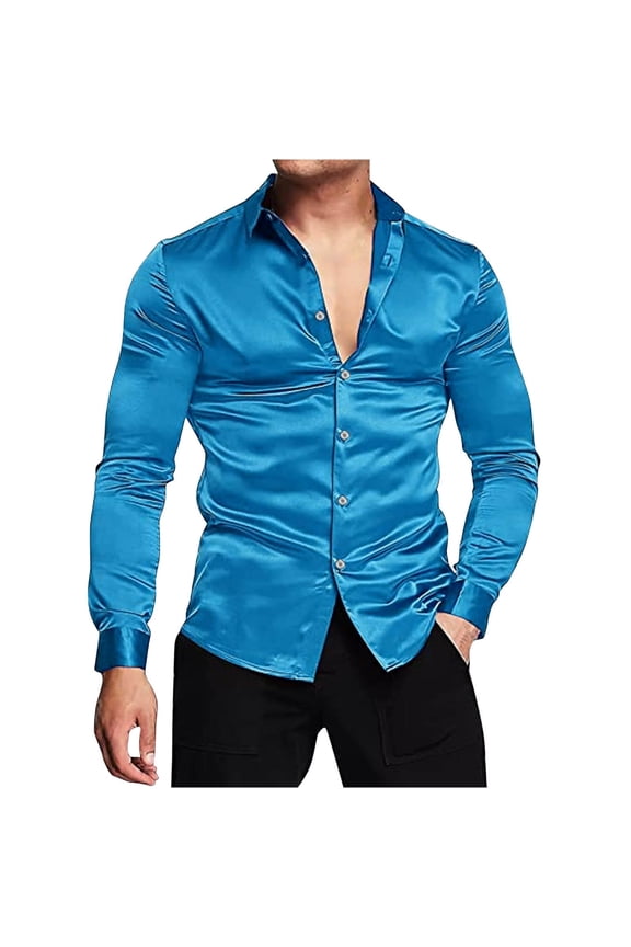 Men's Luxury Shiny Silk Like Satin Button Up Dress Shirts Men's Stretch Wrinkle Free Dress Shirts Formal Wedding Prom Long Sleeve Slim Fit Button Down Shirt Rave Disco Club Tops