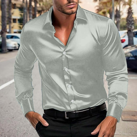 Men's Luxury Shiny Silk Like Satin Dress Shirt Long Sleeve Casual Slim Fit Muscle Button Up Shirts Gray M
