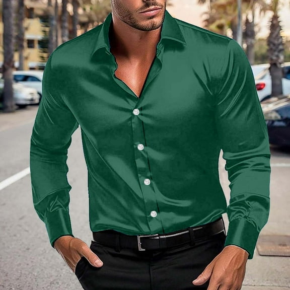 Men's Luxury Shiny Silk Like Satin Dress Shirt Long Sleeve Casual Slim Fit Muscle Button Up Shirts Green S
