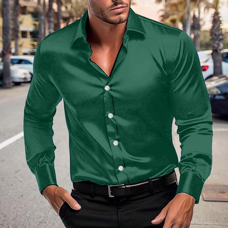 Men's Luxury Shiny Silk Like Satin Dress Shirt Long Sleeve Casual Slim Fit  Muscle Button Up Shirts Green XL - Walmart.com