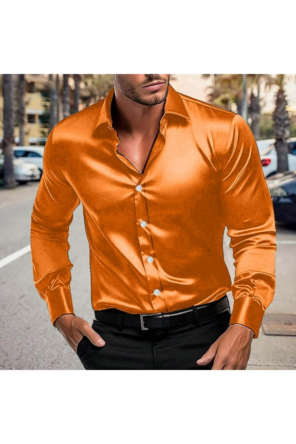 Men's Luxury Shiny Silk Like Satin Dress Shirt Long Sleeve Casual Slim Fit Muscle Button Up Shirts Orange XXXXL