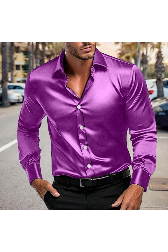 Men's Luxury Shiny Silk Like Satin Dress Shirt Long Sleeve Casual Slim Fit Muscle Button Up Shirts Purple S