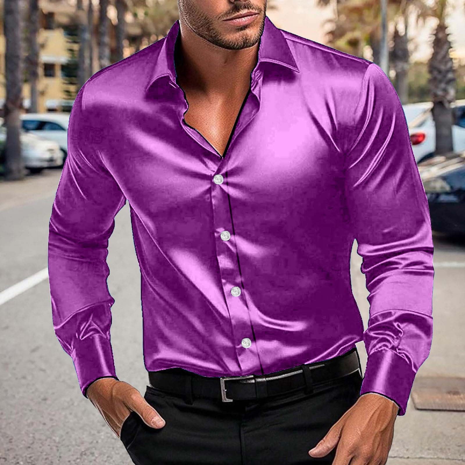 Men's Luxury Shiny Silk Like Satin Dress Shirt Long Sleeve Casual
