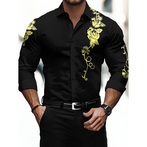 Men's Luxury Shirts Slim Fit Long Sleeves Casual Button Down Dress Shirts Black Rose M