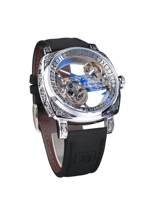 Men's Luxury Square Carving Mechanical Watch, Retro Totem Double Sided Hollow Skeleton Self-Wind Automatic Watches, Vintage Leather Strap Wristwatch Reloj para Hombre