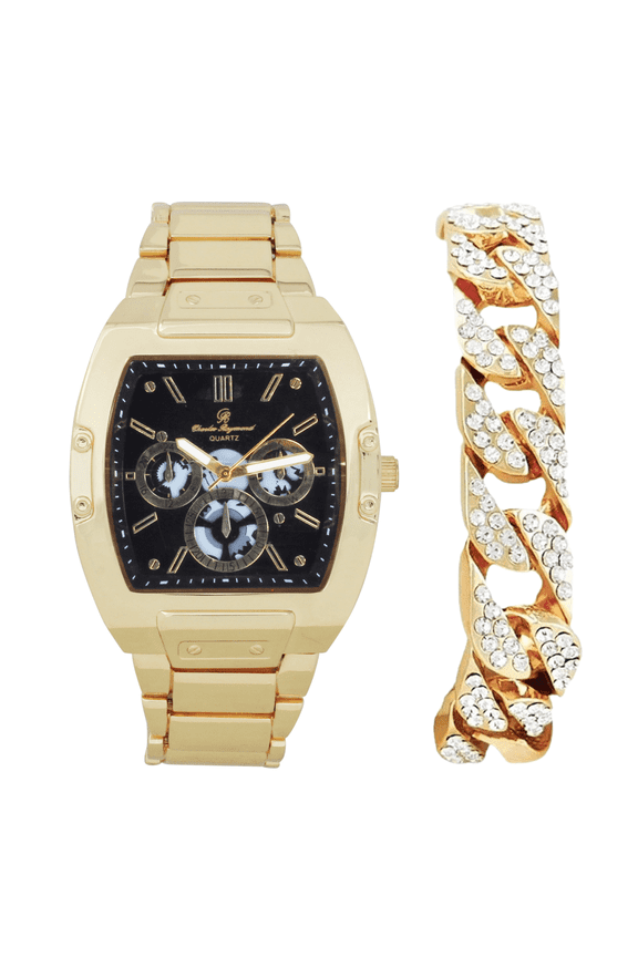 Men's Luxury Watch with Unique Tonneau Shape, Comfortable metal Band with Cuban Bracelet, Show your Style with Charles Raymond Design (ST10542-C GLD BLK)