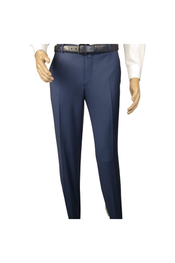 Men's MONO Turkey Slacks 100% Wool Plain Front Regular Fit 2501-24 Mid Blue
